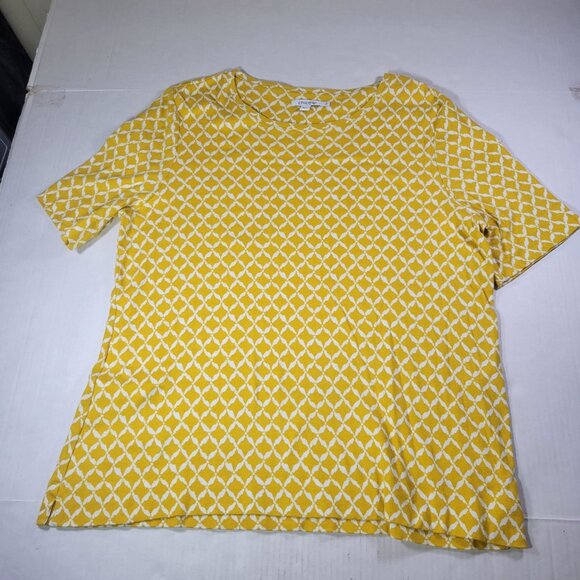 Chicos Women Yellow Diamond Pattern Causal Short Sleeve Cotton Top Size L - Picture 1 of 6